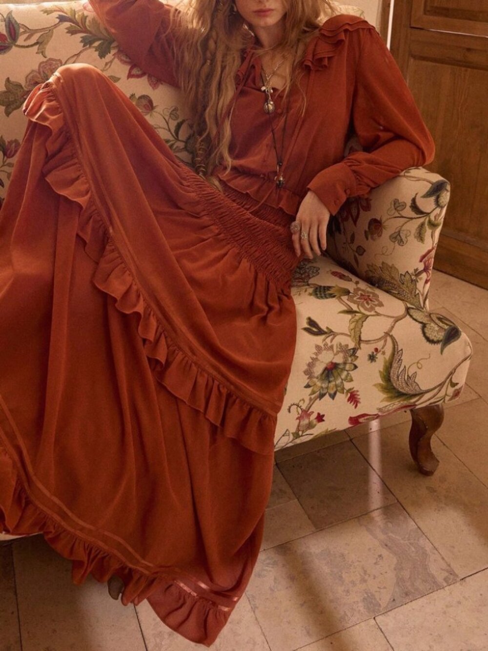 Rust Brown Ruffle Collar Smocked Maxi Dress - Picture 2 of 7